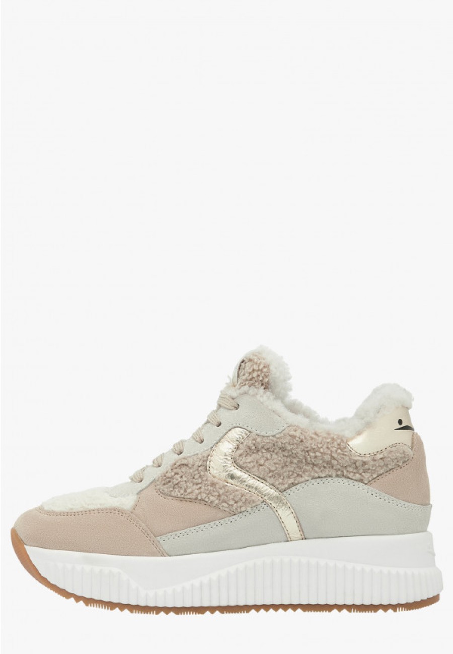 Woman Voile Blanche | Jinnie Fur - Leather And Wool Sneakers - Beige-Platinum - Shoes - Woman