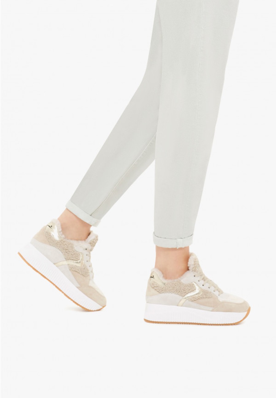 Woman Voile Blanche | Jinnie Fur - Leather And Wool Sneakers - Beige-Platinum - Shoes - Woman