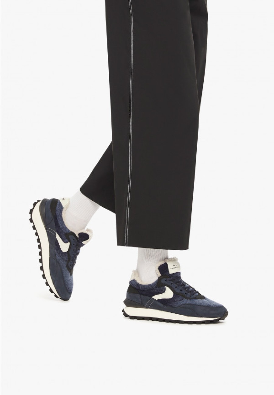 Man Voile Blanche | Qwark Hype Fur Man - Suede And Wool Sneakers - Blue-White - Shoes - Man