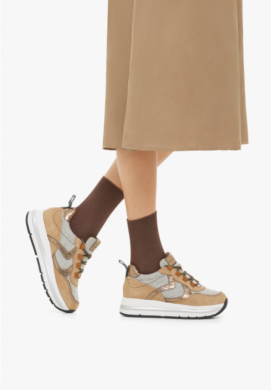 Woman Voile Blanche | Marple - Nubuck Leather And Felt Sneakers - Brown-Grey-Bronze - Shoes - Woman