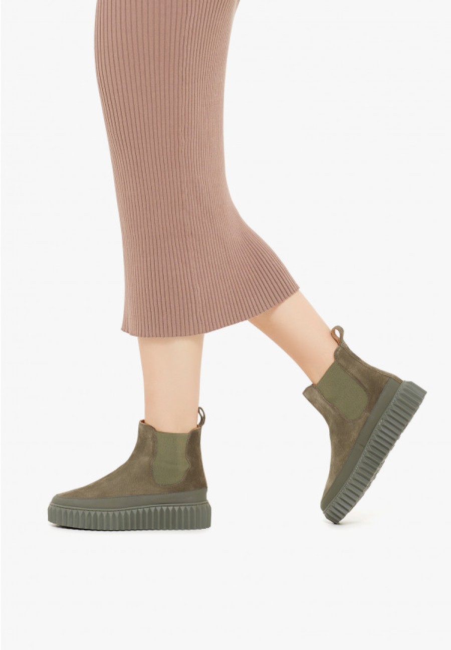 Woman Voile Blanche | Beth Strip - Leather And Suede Boots - Army Green - Shoes - Woman