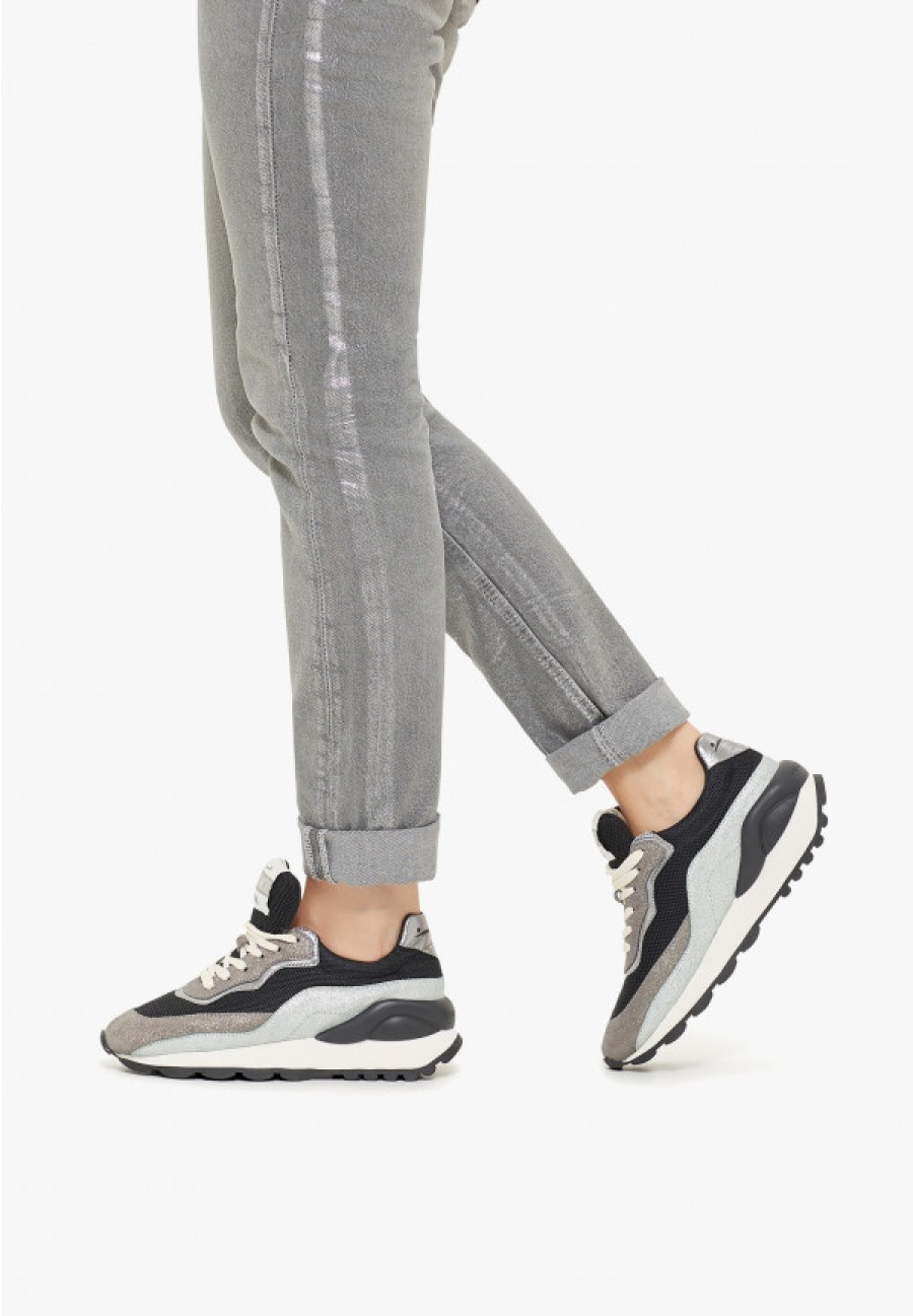 Woman Voile Blanche | Pixie - Leather And Fabric Sneakers - Grey-Black - Shoes - Woman