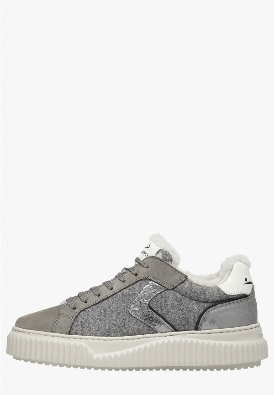 Woman Voile Blanche | Lipari Fur - Suede And Felt Sneakers - Charcoal Grey-Grey - Shoes - Woman