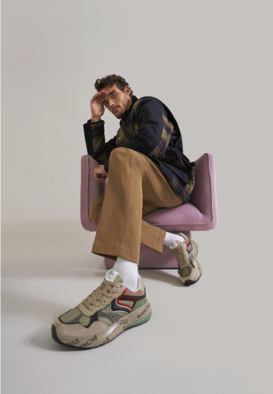 Man Voile Blanche | Shine. - Leather And Fabric Sneakers - Beige-Grey - Shoes - Man