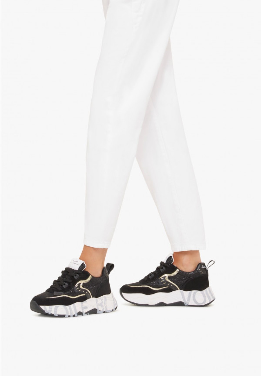 Woman Voile Blanche | Club105. - Leather And Fabric Sneakers - Black-Platinum - Shoes - Woman