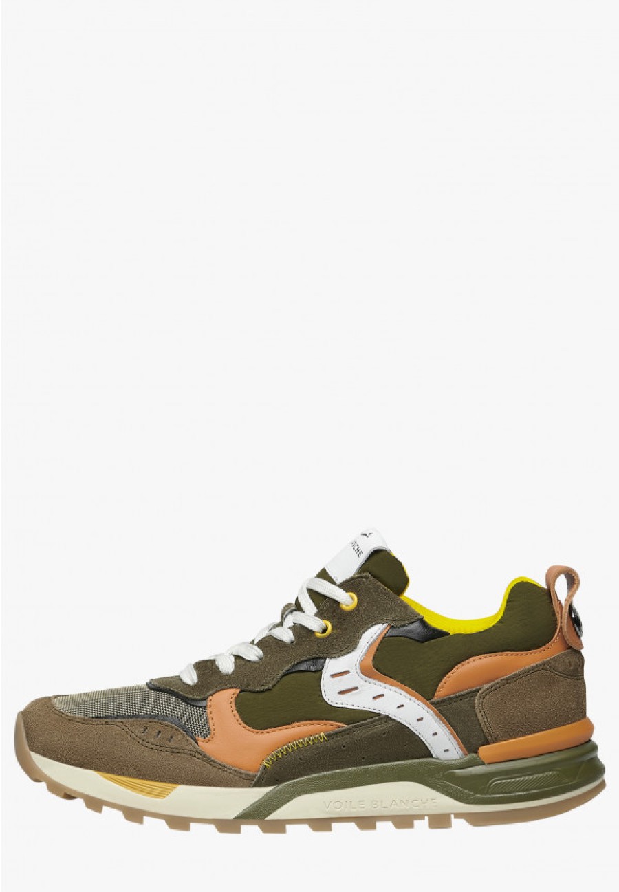 Man Voile Blanche | Bholt - Suede And Fabric Sneakers - Army Green-Orange - Shoes - Man