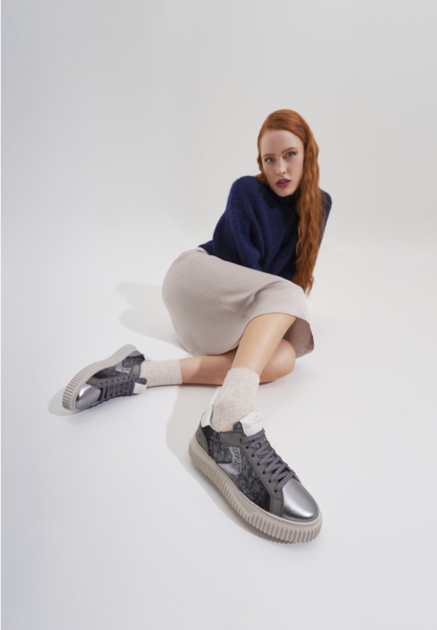 Woman Voile Blanche | Lipari - Leather And Felt Sneakers - Black - Shoes - Woman