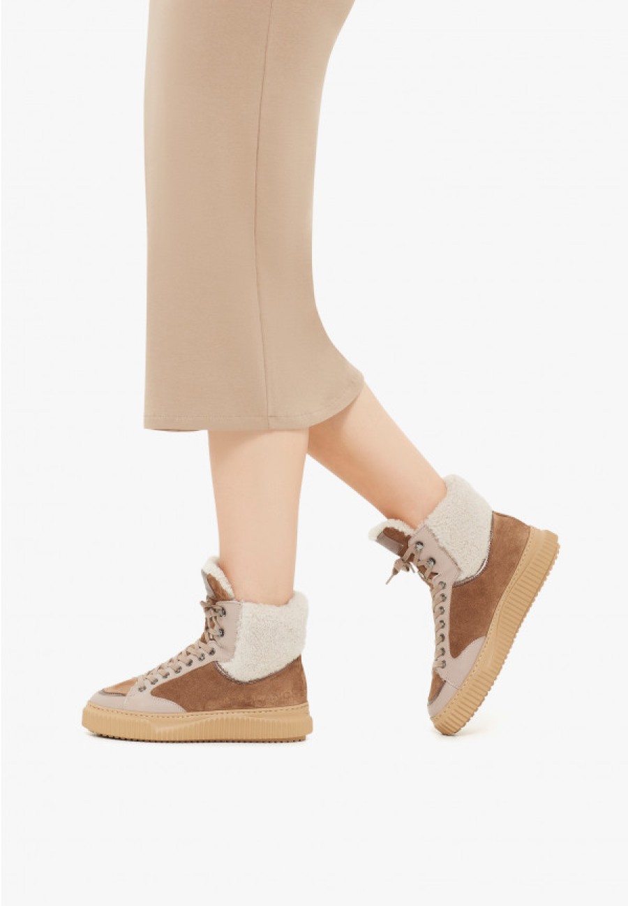 Woman Voile Blanche | Jenny 03 High - Leather And Suede Ankle Sneakers - Brown - Shoes - Woman