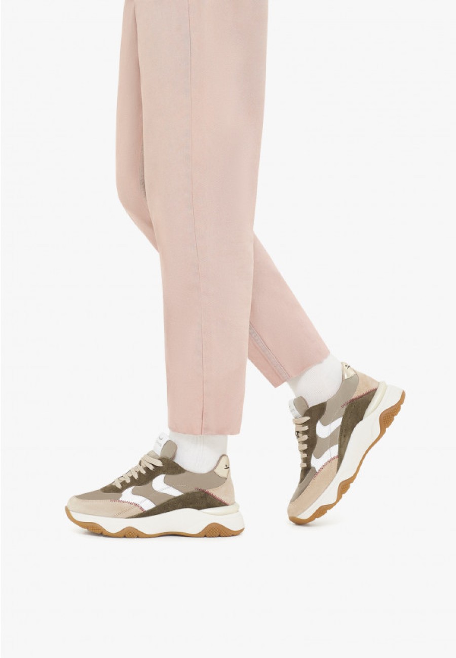 Woman Voile Blanche | Fresh - Leather And Suede Sneakers - Beige-Army Green - Shoes - Woman