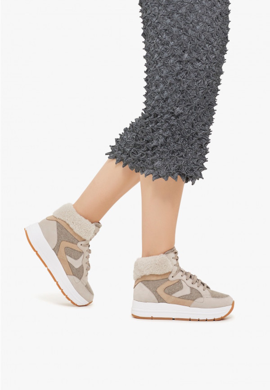 Woman Voile Blanche | Maran Flash High 2 - Suede And Felt Ankle Sneakers - Cream-Beige - Shoes - Woman