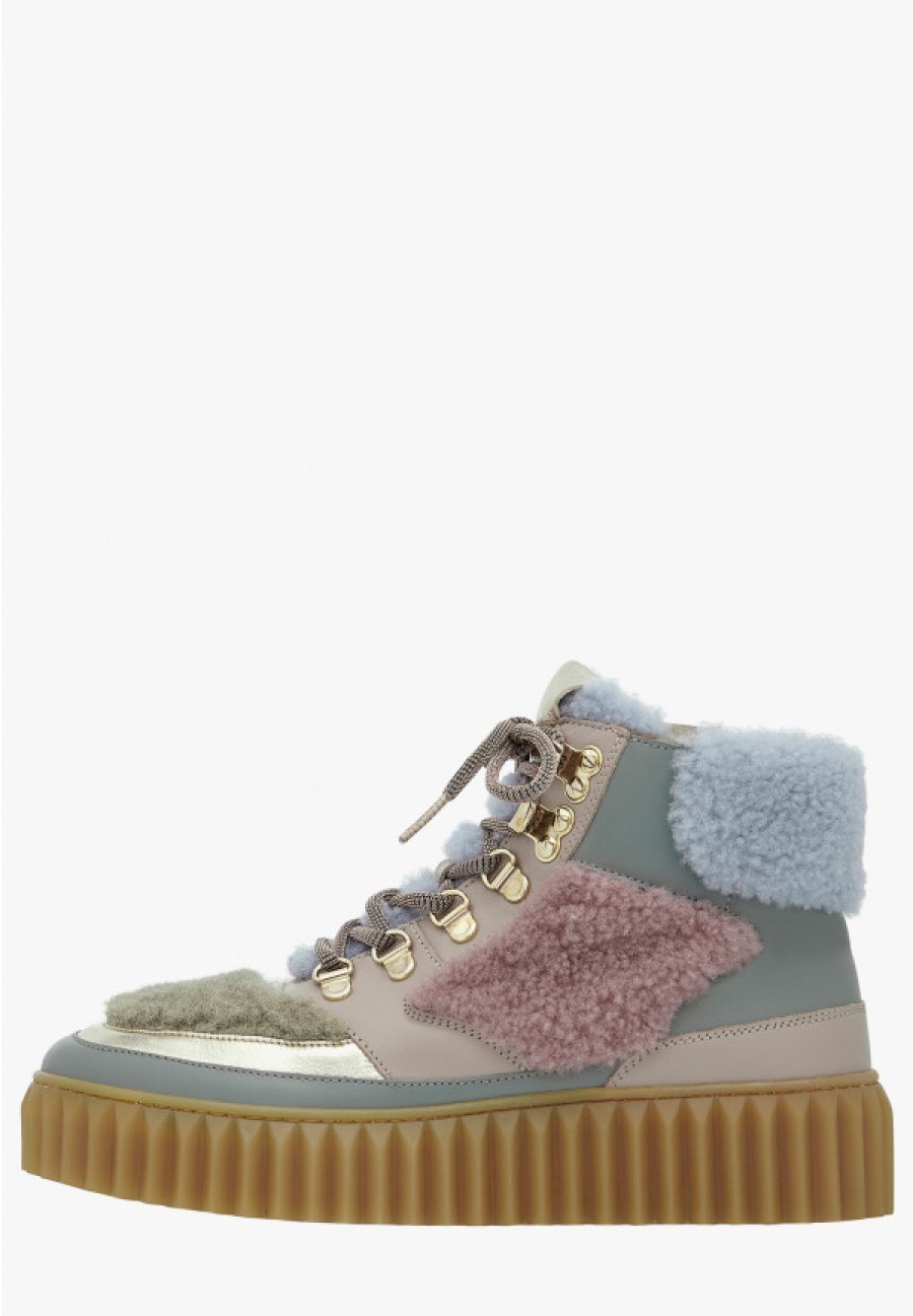 Woman Voile Blanche | Eva Hike - Leather And Shearling Sneakers - Sage-Dove Grey - Shoes - Woman