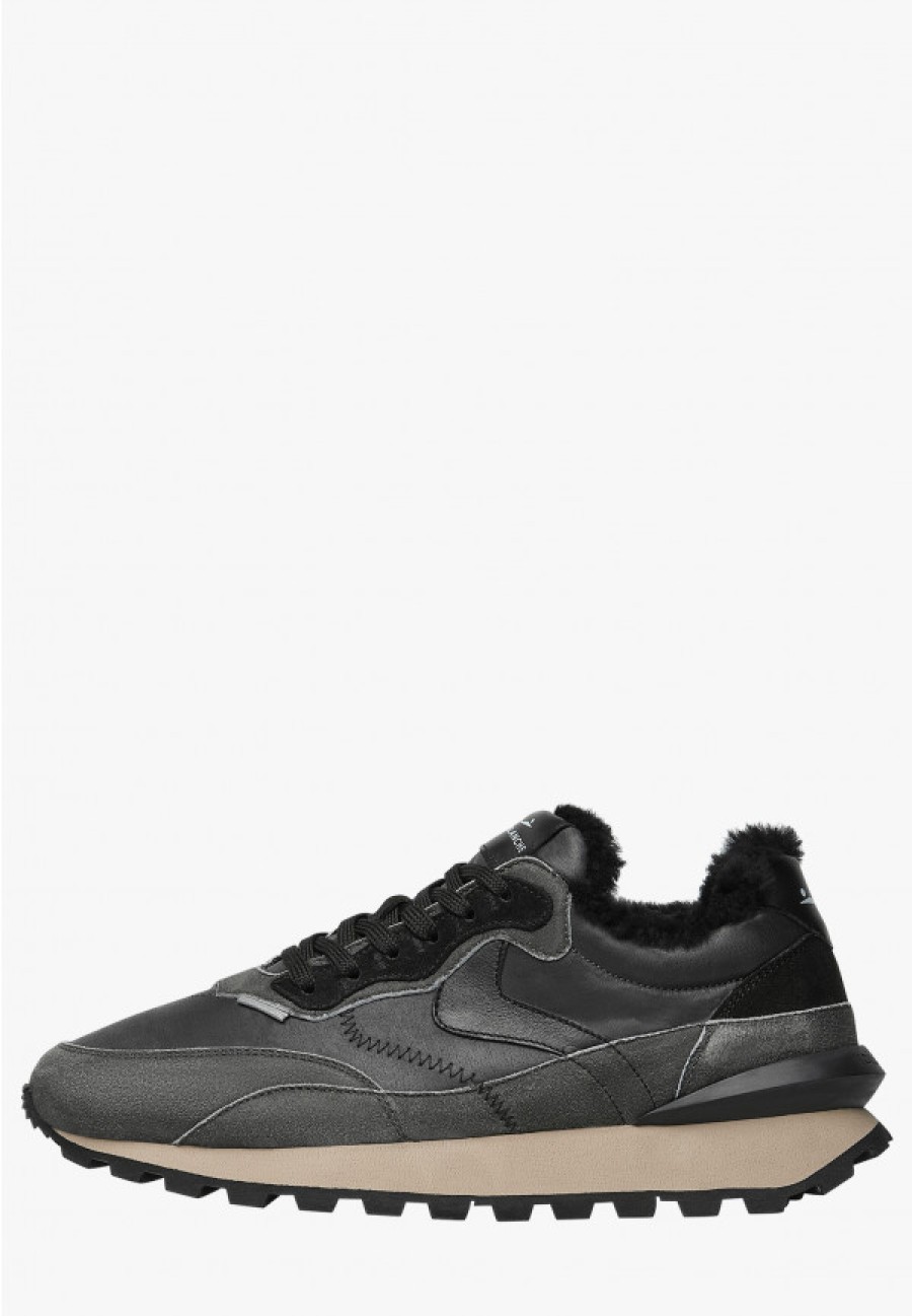 Man Voile Blanche | Qwark Hype Fur Man - Leather And Fabric Sneakers - Black-Charcoal Grey - Shoes - Man